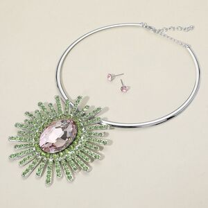 Pink Green Oval Sunburst Pendant Choker Necklace Abstract Statement Crystal Set